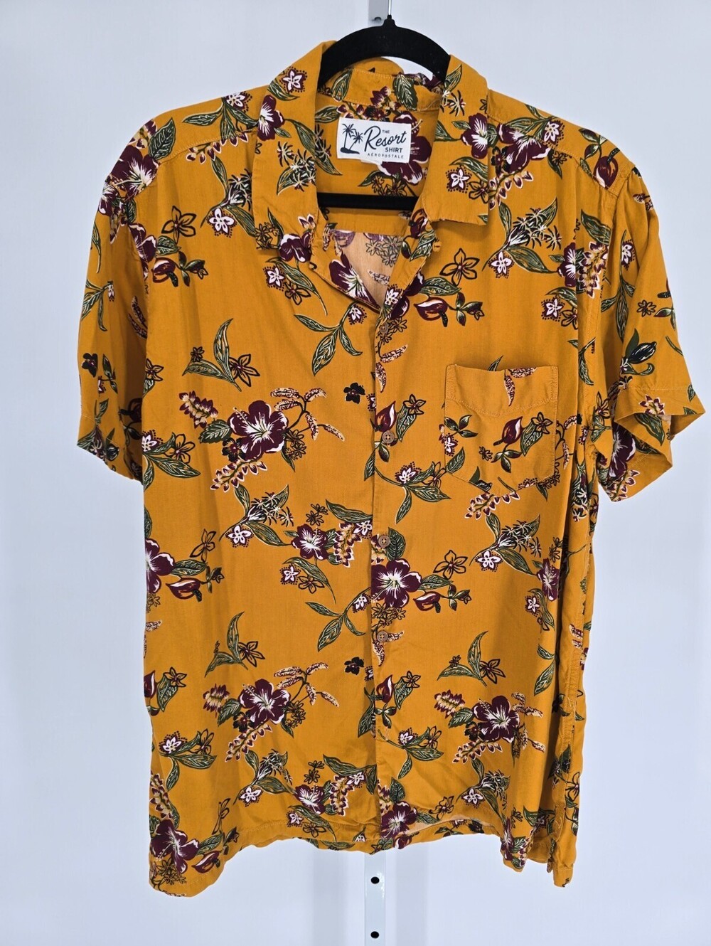 Aeropostale Mens Sz L The Resort Shirt Short Sleeve Button Up Gold Floral Hawaii